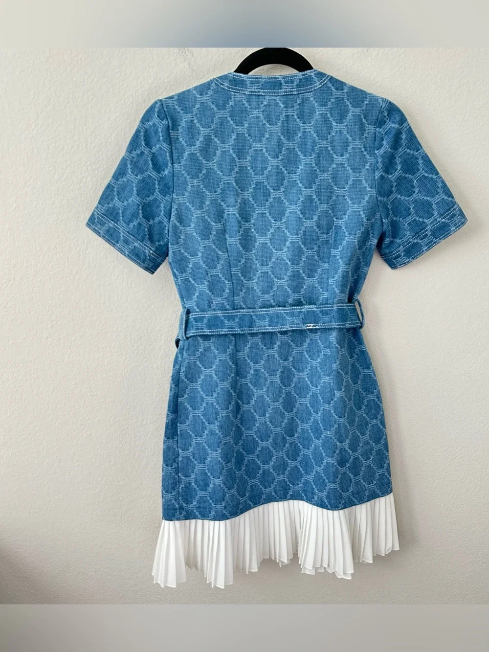 Sandro Blue Jacquard Mini Dress with Cream Pleated Hem
